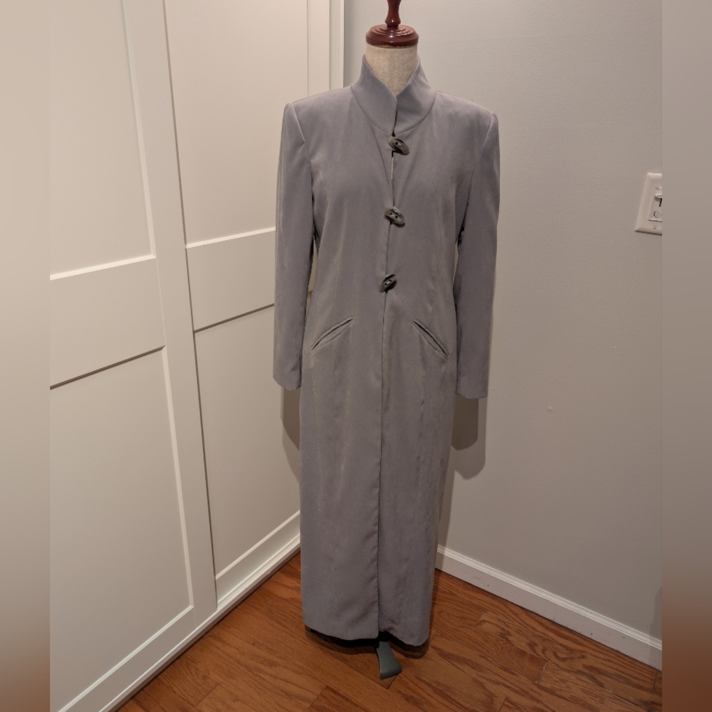 Vintage Gantos Size 6 Suede Like Trench Coat Gray Long Button Jacket Mandarin